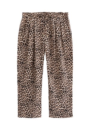 Pantalones de estampado de leopardo con cintura elástica, presentan un corte relajado, tejido ligero y una mezcla de tonos beige y negro.