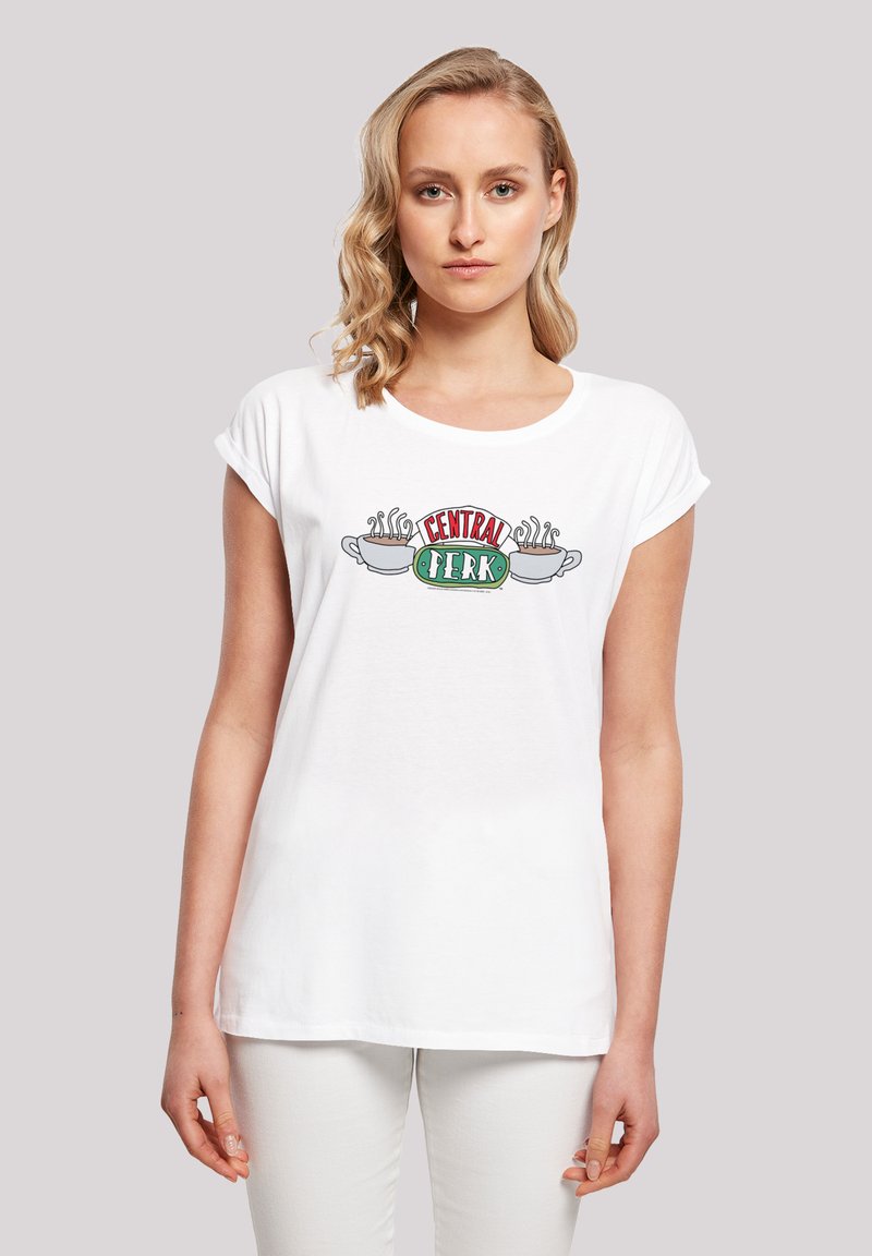 Weißes Baumwoll-T-Shirt mit rundem Ausschnitt und umgeschlagenen Ärmeln, ausgestattet mit einem bunten "CENTRAL PERK" Grafik und zwei Illustrationen von Kaffeetassen.