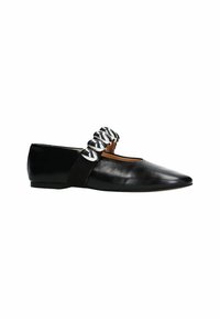 Black leather flat shoe with pointed toe, featuring a silver decorative strap across the front. Smooth texture and minimalistic design.