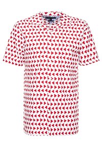 Camicia a maniche corte con base in tessuto bianco e motivo a triangoli rossi. Chiusura frontale con bottoni e colletto classico. Materiale leggero e traspirante.