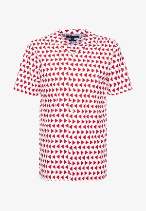 Chemise à manches courtes avec un tissu de base blanc orné d'un motif de triangles rouges. Boutonnage à l'avant avec col classique. Matière légère et respirante.