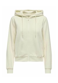 Felpa con zip di colore crema chiaro, dotata di cappuccio con cordino, polsini e vita a coste, caratterizzata da una texture liscia e un design minimalista.