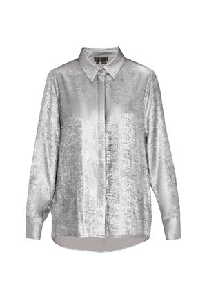 Silbernes, metallisch glänzendes Langarmhemd mit durchgehendem Knopfverschluss, Kragen und leicht strukturierter Oberfläche. Gerader Saum und lockere Passform.