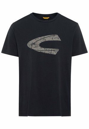 Sort bomulds T-shirt med rund hals og korte ærmer; har et slidset grå logo på forsiden. Blød tekstur, afslappet pasform.