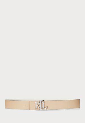 Beżowy skórzany pasek z klamrą w kolorze srebrnym z logo RL, gładka tekstura i minimalistyczny design.