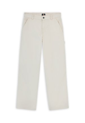 Beige puuvillahousut suoralla lahkeella, joissa on sivutaskut ja nappisuljenta. Sujuva rakenne ja yksinkertainen muotoilu.