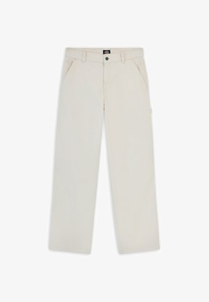 Beige bomuldsbukser med lige ben, der har sidelommer og knaplukning. Glat tekstur og simpelt design.