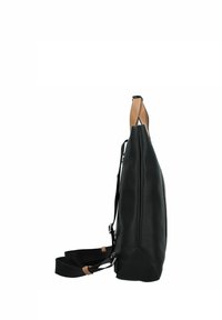 Borsa in pelle nera con forma rettangolare elegante, caratterizzata da un inserto beige nella parte superiore, tracolla regolabile e minimo hardware. Finitura testurizzata.