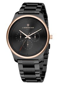 Schwarze Edelstahl-Uhr mit einem runden schwarzen Ziffernblatt, roségoldenen Akzenten, Chronographenfunktionen und einem schlanken Armbanddesign.