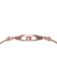 Rosaguld ur med et cirkulært urkasse, glat bezel og sammenkædede rem. Har en sfærisk krona og detaljeret udsmykning på kæderne.
