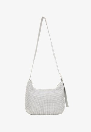 Torba w wzór houndstooth, wykonana z miękkiego szarego materiału, o zaokrąglonym kształcie, z jedną regulowaną rączką oraz zasuwaną główną komorą.