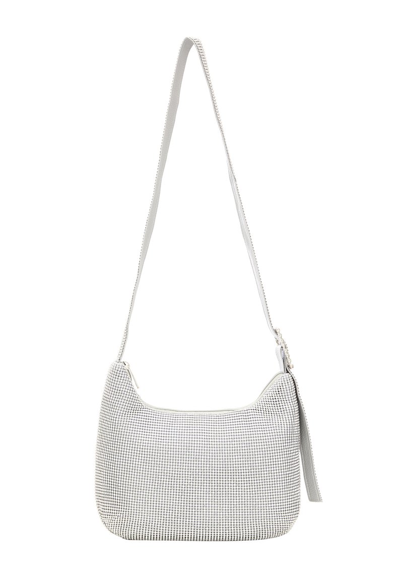 Laukku houndstooth-kuvioinnilla, pehmeästä harmaasta kankaasta, kaarevassa muodossa, jossa on yksi säädettävä hihna ja vetoketjullinen pääosasto.