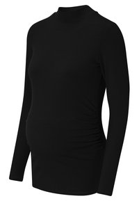 Schwarzes, langärmeliges Umstandshirt aus geripptem Stoff. Mit einem hohen Kragen und gerafften Seitendetails für eine anpassbare Passform über dem Babybauch.