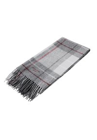 Gray plaid wool scarf with red and white accents, featuring fringed edges and a soft texture. The overall shape is rectangular.