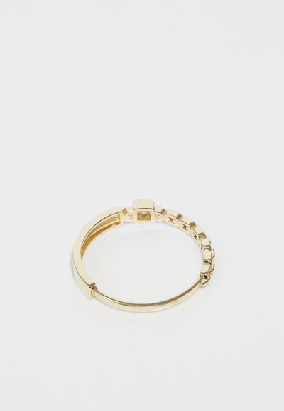Gold ring featuring a smooth band with a segmented design and a square accent. The surface is shiny and metallic with a uniform texture.
