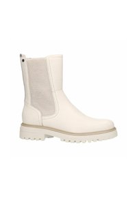 Stivaletto bianco alla caviglia con un pannello beige strutturato, finitura in pelle liscia, suola bassa in gomma e design del battistrada robusto per una migliore aderenza.