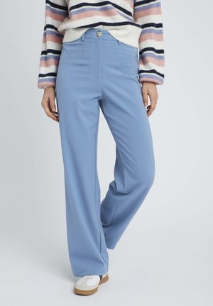 Pantalons larges bleu clair avec une texture lisse, taille haute, et un seul bouton décoratif. Associée à un pull rayé.