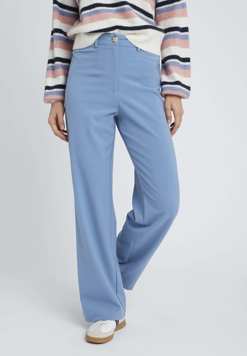 Pantalons larges bleu clair avec une texture lisse, taille haute, et un seul bouton décoratif. Associée à un pull rayé.