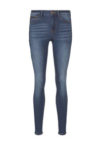 Jeans ajustados en denim azul oscuro. Diseño de cinco bolsillos con cierre de botón y cremallera. Textura ligeramente desgastada que añade detalle a la tela.