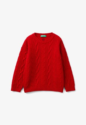 Red cable-knit sweater with ribbed crew neck, cuffs, and hem, featuring a textured pattern and a green brand label inside the collar.