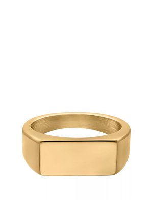 Smooth, polished gold rectangular signet ring with a flat top surface and rounded edges on a white background.