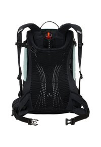 Zaino ergonomico nero e verde menta con pannello posteriore in rete, spallacci imbottiti, fibbie di regolazione e dettagli riflettenti.