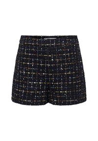 Shorts en tweed noir avec une surface texturée et des accents tissés multicolores dans un motif en grille. Taille mi-haute et sans fermetures visibles.