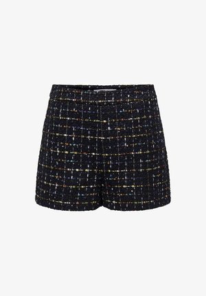 Shorts en tweed noir avec une surface texturée et des accents tissés multicolores dans un motif en grille. Taille mi-haute et sans fermetures visibles.