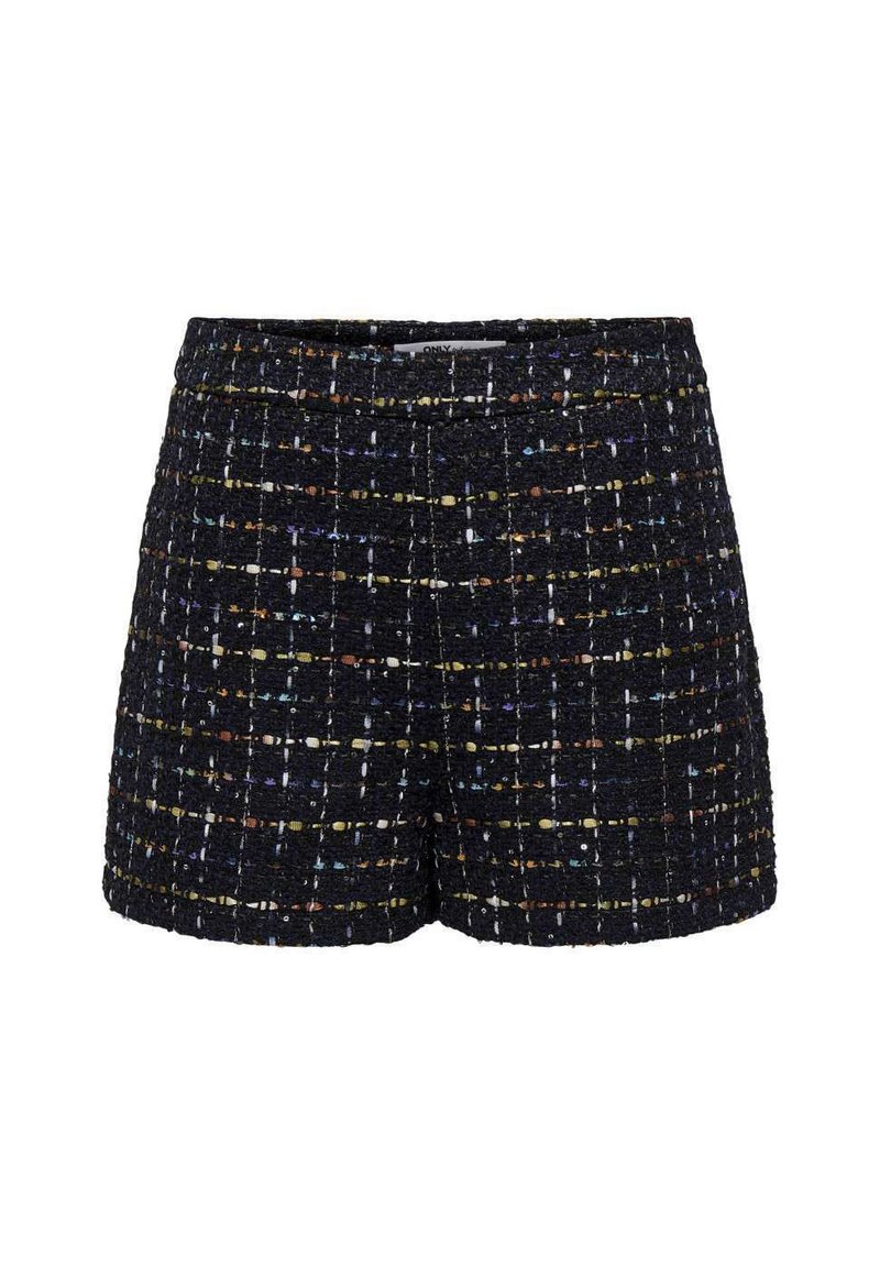 Shorts en tweed noir avec une surface texturée et des accents tissés multicolores dans un motif en grille. Taille mi-haute et sans fermetures visibles.