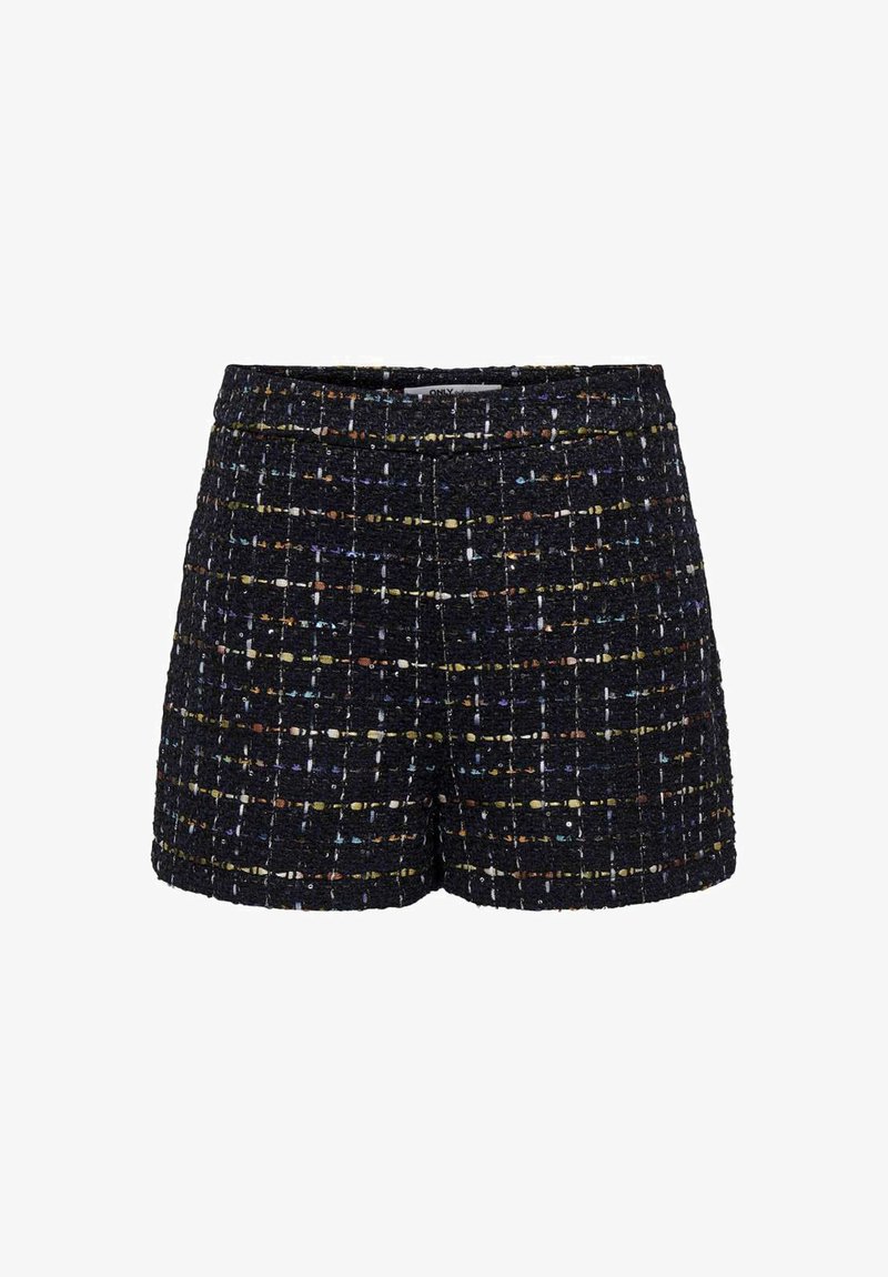 Shorts en tweed noir avec une surface texturée et des accents tissés multicolores dans un motif en grille. Taille mi-haute et sans fermetures visibles.