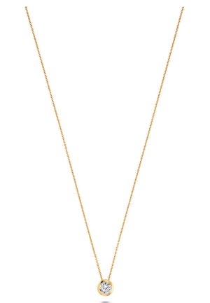 Collier doré avec une fine chaîne et un pendentif rond ornée d'une gemme claire et scintillante en sertissage clos.