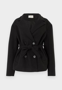 Black double-breasted jacket with a tied belt, large lapels, side pockets, and a smooth texture. Features dark buttons and a partial inner lining.