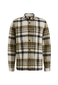 Geruite flanellen shirt in beige, olijfgroen, marineblauw en groen. Voorzien van knoopsluiting, kraag en twee borstzakken. Geweven stof.