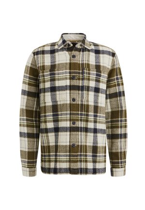 Geruite flanellen shirt in beige, olijfgroen, marineblauw en groen. Voorzien van knoopsluiting, kraag en twee borstzakken. Geweven stof.