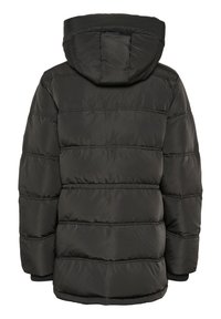 Czarna kurtka puchowa z kapturem, charakteryzująca się pikowaną fakturą, elastycznymi mankietami i prostym dołem. Tylny widok ukazuje poziome przeszycia.