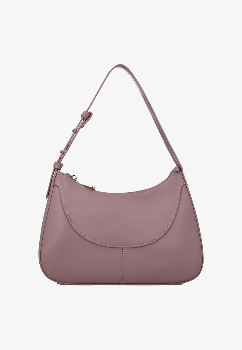 Rózsaszín bőrtáska félkör alakú, ívelt hajtókával, állítható pánttal és aranyszínű fém részekkel. Sima felület és tiszta vonalak.