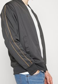 Grå bomberjacka med guldaccenter, med dragkedjestängning, sidofickor och ribbade ärmar, bärs över en vit t-shirt och blå jeans.