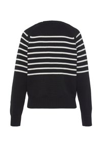 Schwarz-weißer gestreifter Pullover mit rundem Hals, gerippten Bündchen und Saum. Verfügt über ein strukturiertes Strickmuster auf einem weichen Stoff.