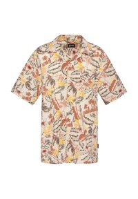 Camicia a maniche corte con bottoni in tessuto beige, caratterizzata da un vivace motivo tropicale con fiori, tigri e foglie di palma in colori terrosi.
