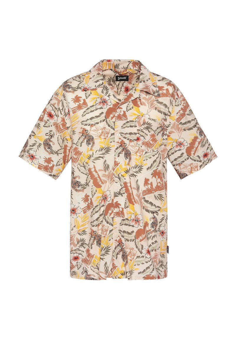 Camicia a maniche corte con bottoni in tessuto beige, caratterizzata da un vivace motivo tropicale con fiori, tigri e foglie di palma in colori terrosi.
