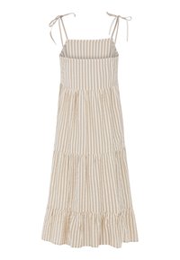 Randig midiklänning i beige och vitt, tillverkad av lättviktig tyg. Har justerbara axelremmar och en fläktad nederdel med volanger.