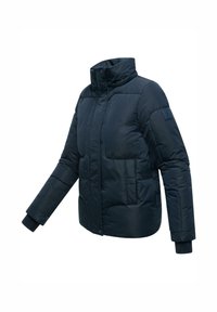 Navy blue puffer jacket with a high collar, two front pockets, ribbed cuffs, and a logo accent on the sleeve. Smooth texture, insulated design.