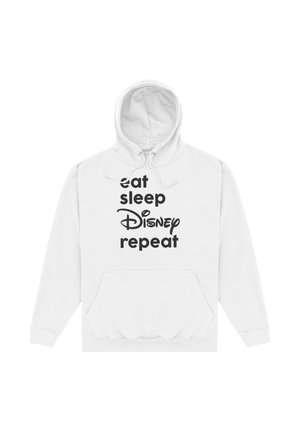 Hvid hættetrøje med frontlomme og sort tekst, der siger "eat sleep Disney repeat" i blandede skrifttyper, inklusive Disney-logoets stil.