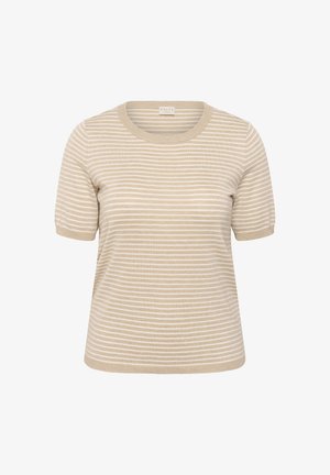 Kremasto-bijeli džemper s horizontalnim prugama, kratkih rukava, sa zaobljenim izrezom i rebrastim rubovima na rukavima i donjem dijelu.