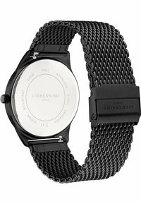 Zwarte roestvrijstalen horloge met een mesh band, voorzien van een ronde zilveren achterkant, waterbestendig ontwerp en een veilig sluitmechanisme.