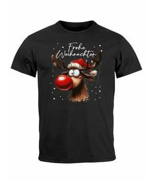 Black T-shirt featuring a cartoon reindeer with a red nose, wearing a Santa hat, surrounded by white snowflakes and the text "Frohe Weihnachten."
