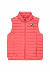 Gilet en corail rembourré avec col montant et fermeture éclair sur le devant, présentant un motif de couture diagonal et des poches latérales. Étiquette logo sur la poitrine.