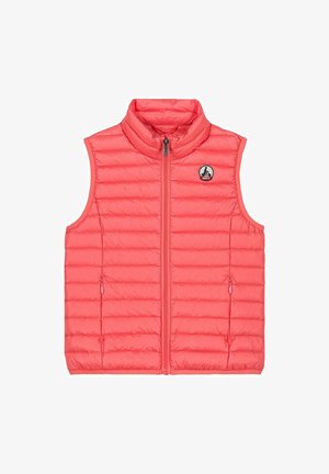 Chaleco de coral acolchado con cuello alto y cremallera frontal, con un patrón de costura diagonal y bolsillos laterales. Parche de logo en el pecho.