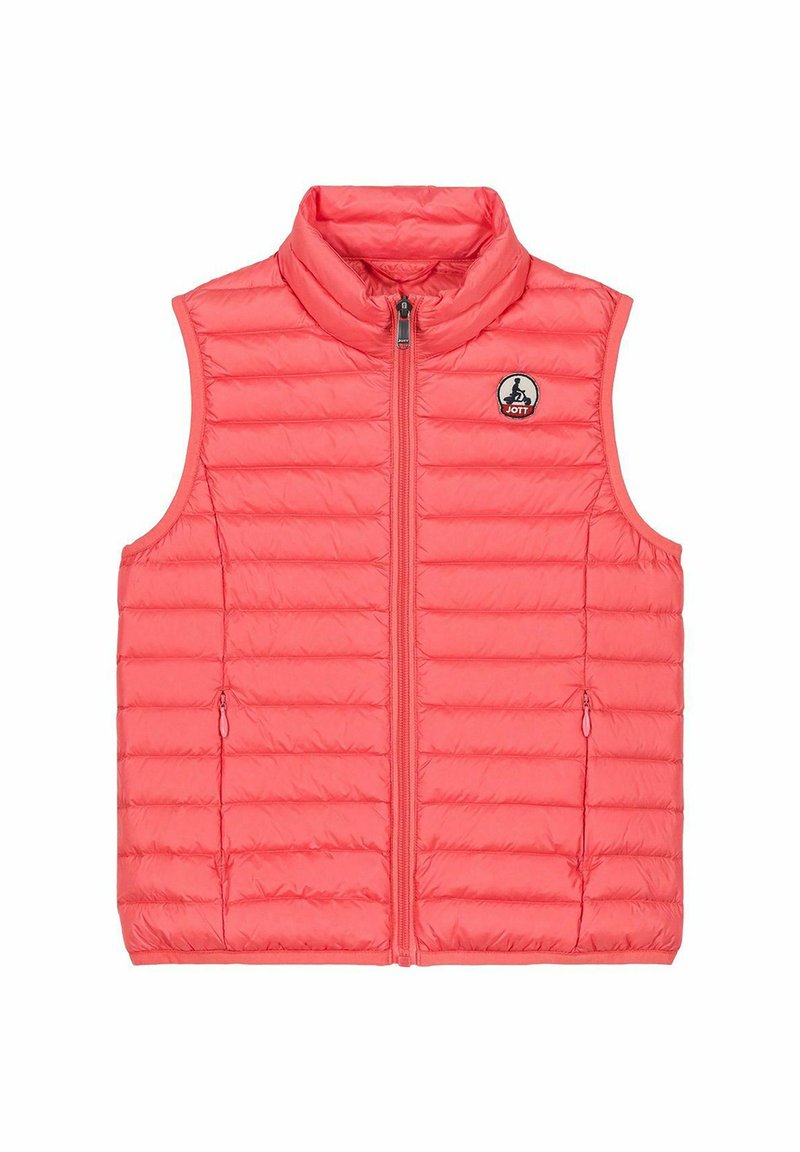 Gilet en corail rembourré avec col montant et fermeture éclair sur le devant, présentant un motif de couture diagonal et des poches latérales. Étiquette logo sur la poitrine.