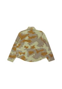 Giacca in fleece a maniche lunghe con motivo camouflage verde, marrone e sabbia, colletto a camicia e orlo arrotondato, vista da dietro.